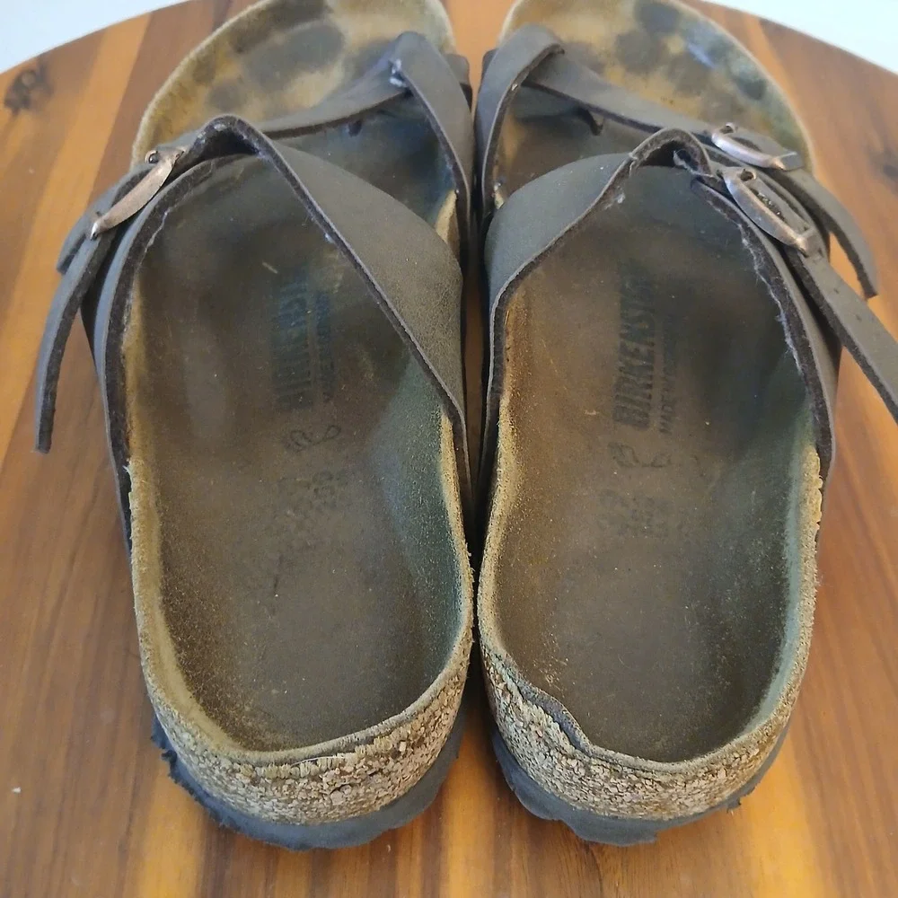 Birkenstock Mayari Sandals Womens 38 Brown Leather Strappy Cork Footbed Slides